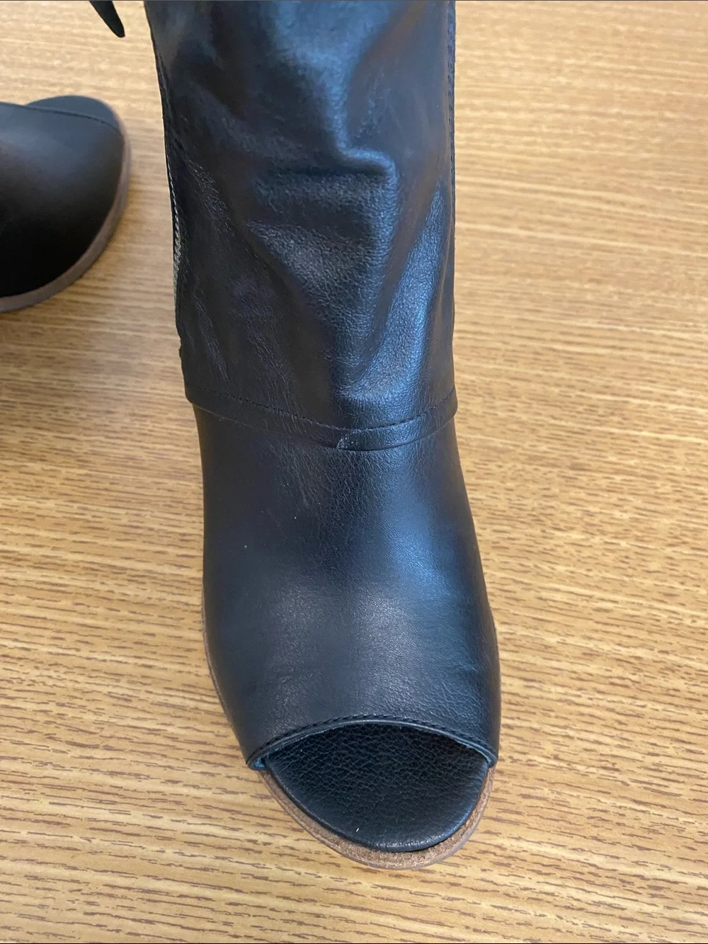Matisse Black Leather Open-Toe Zip Ankle Booties with Wood Block Heel